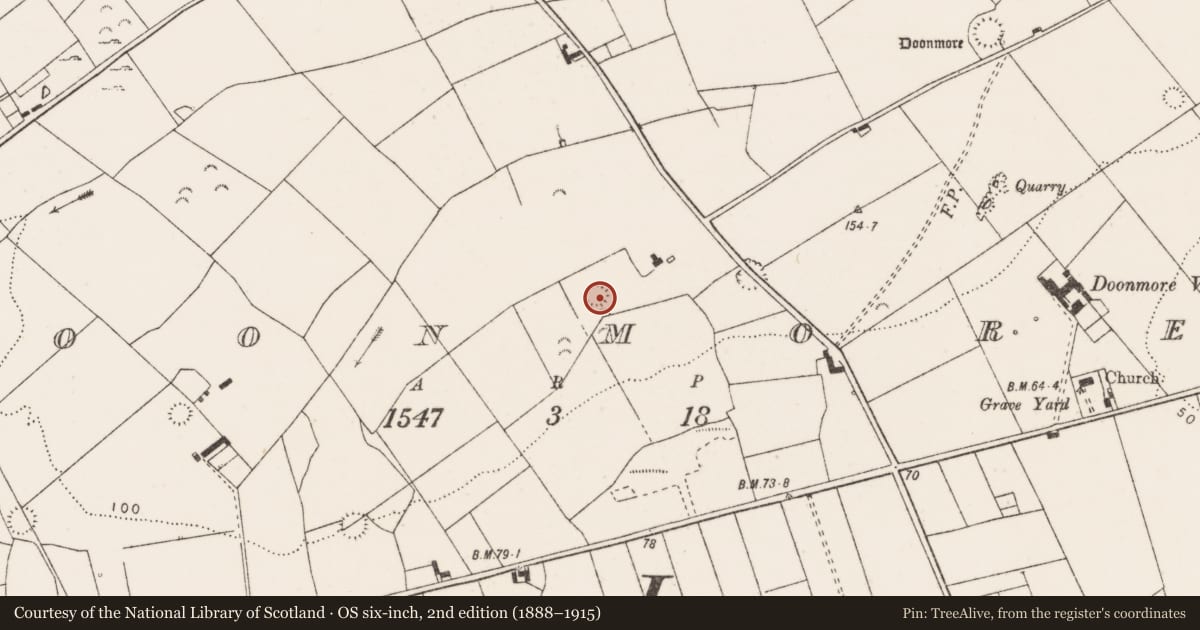 Ordnance Survey six-inch map, 2nd edition (1888–1915) covering the location of Hut site, Doonmore, County Clare, with a pin at the register's coordinates