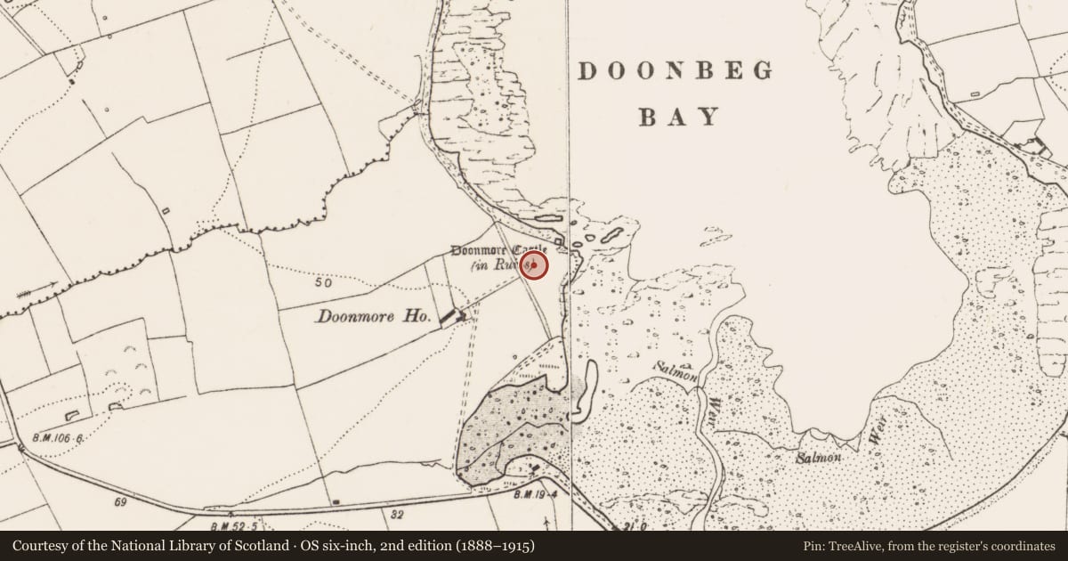 Ordnance Survey six-inch map, 2nd edition (1888–1915) covering the location of Promontory fort - coastal, Doonmore, County Clare, with a pin at the register's coordinates