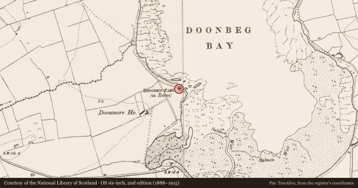 Ordnance Survey six-inch map, 2nd edition (1888–1915) covering the location of Castle - tower house, Doonmore, County Clare, with a pin at the register's coordinates
