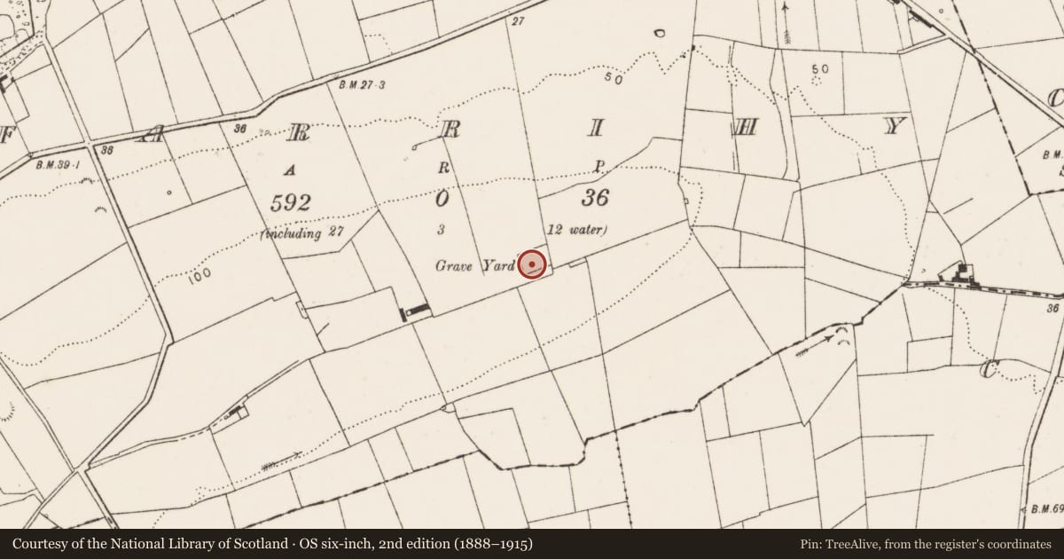 Ordnance Survey six-inch map, 2nd edition (1888–1915) covering the location of Children's burial ground, Farrihy, County Clare, with a pin at the register's coordinates