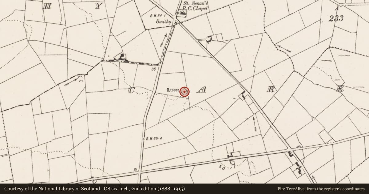 Ordnance Survey six-inch map, 2nd edition (1888–1915) covering the location of Ringfort - rath, Carrowblough More, County Clare, with a pin at the register's coordinates