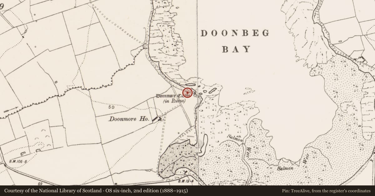 Ordnance Survey six-inch map, 2nd edition (1888–1915) covering the location of Midden, Doonmore, County Clare, with a pin at the register's coordinates