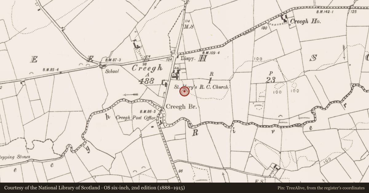 Ordnance Survey six-inch map, 2nd edition (1888–1915) covering the location of Ringfort - rath, Creegh South, County Clare, with a pin at the register's coordinates