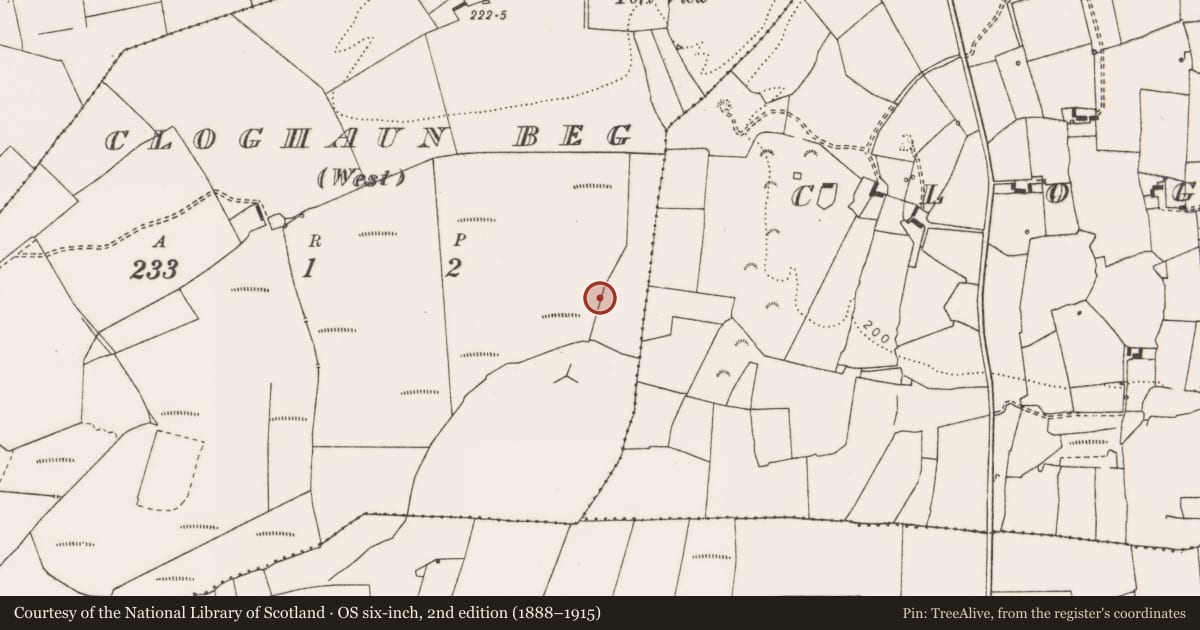 Ordnance Survey six-inch map, 2nd edition (1888–1915) covering the location of Earthwork, Cloghaun Beg (West), County Clare, with a pin at the register's coordinates