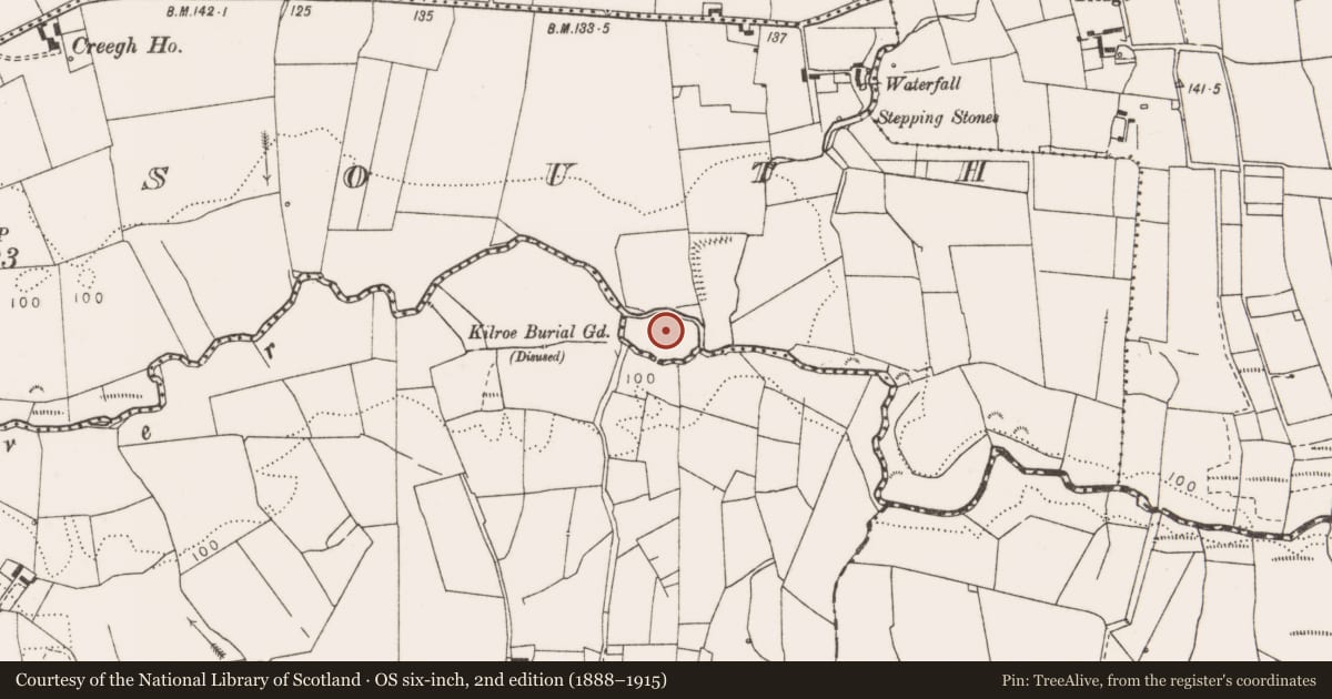 Ordnance Survey six-inch map, 2nd edition (1888–1915) covering the location of Burial ground, Ballynagun East, Creegh South, County Clare, with a pin at the register's coordinates