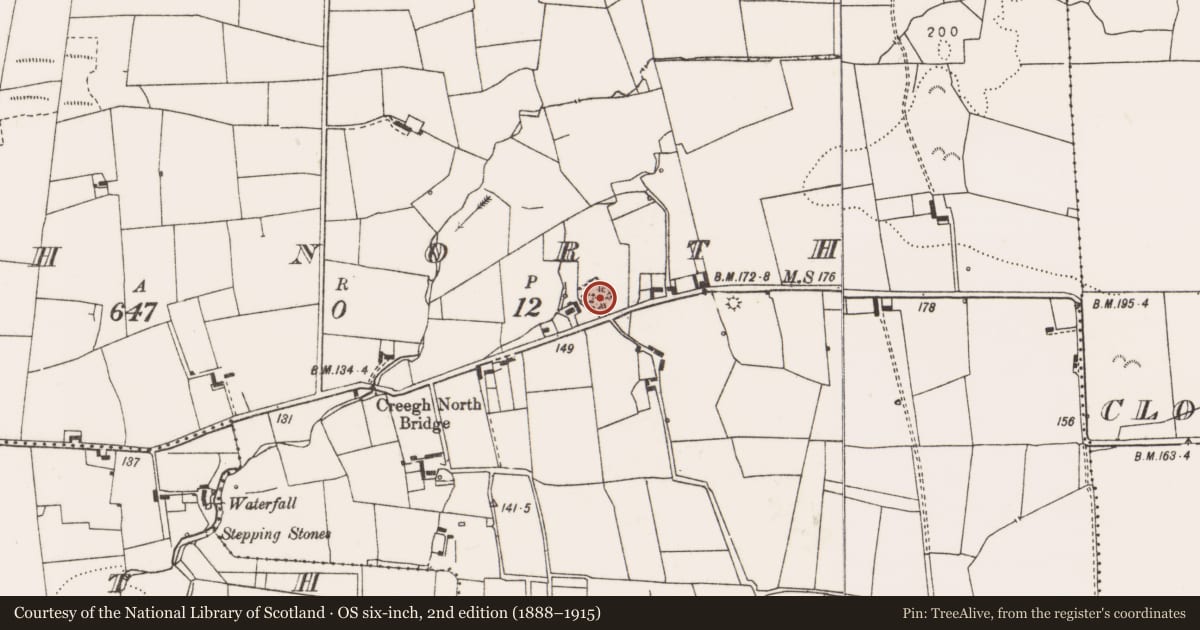 Ordnance Survey six-inch map, 2nd edition (1888–1915) covering the location of Ringfort - rath, Creegh North, County Clare, with a pin at the register's coordinates