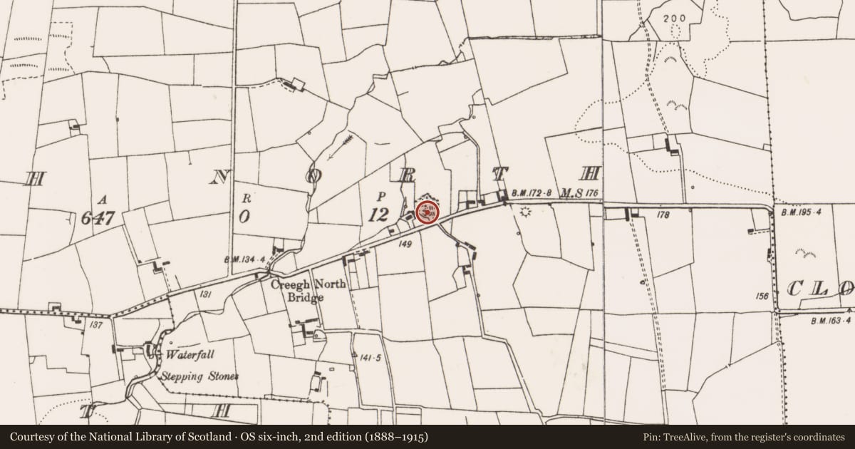 Ordnance Survey six-inch map, 2nd edition (1888–1915) covering the location of Souterrain, Creegh North, County Clare, with a pin at the register's coordinates