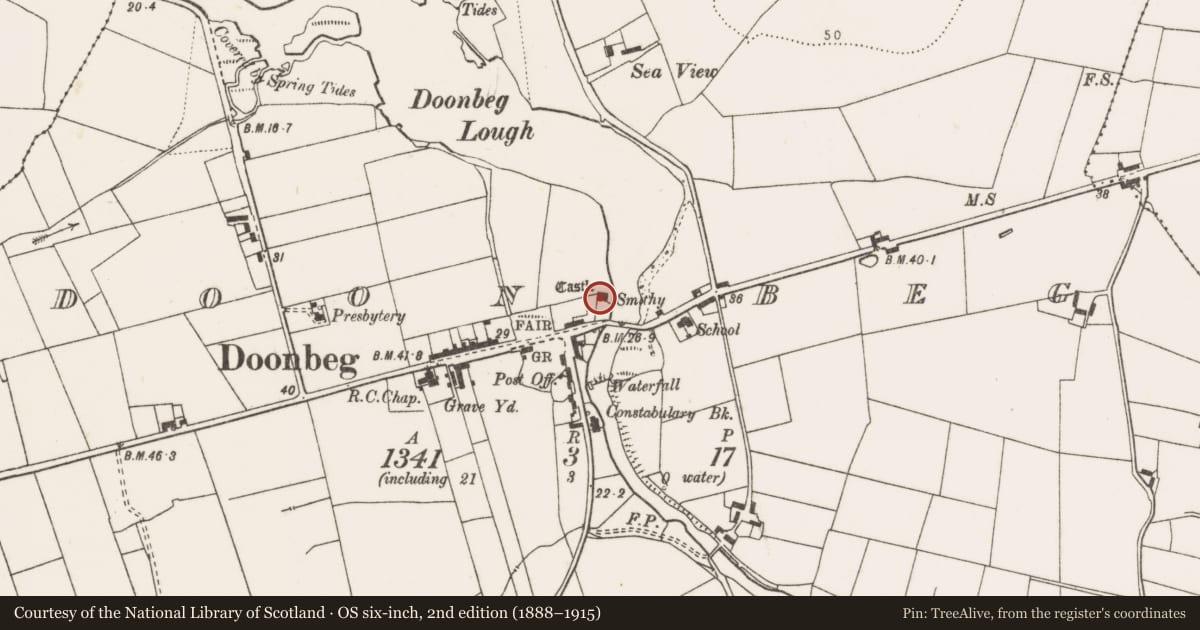 Ordnance Survey six-inch map, 2nd edition (1888–1915) covering the location of Castle - tower house, Doonbeg, County Clare, with a pin at the register's coordinates