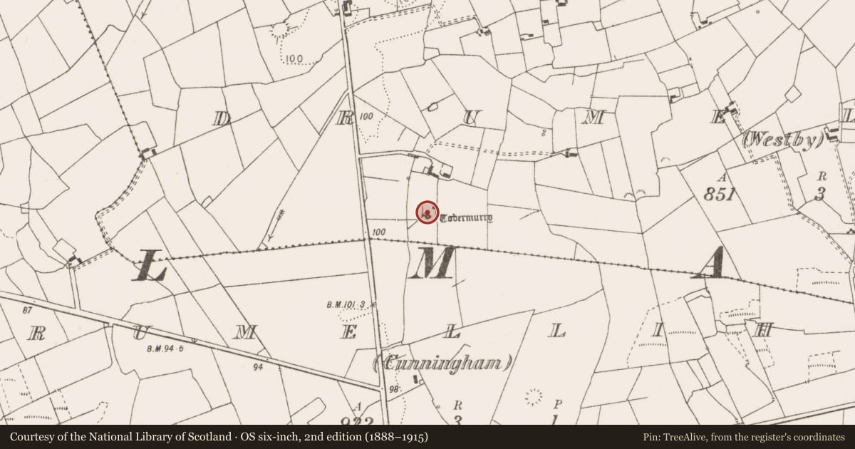 Ordnance Survey six-inch map, 2nd edition (1888–1915) covering the location of Ritual site - holy well, Drumellihy (Westby), County Clare, with a pin at the register's coordinates