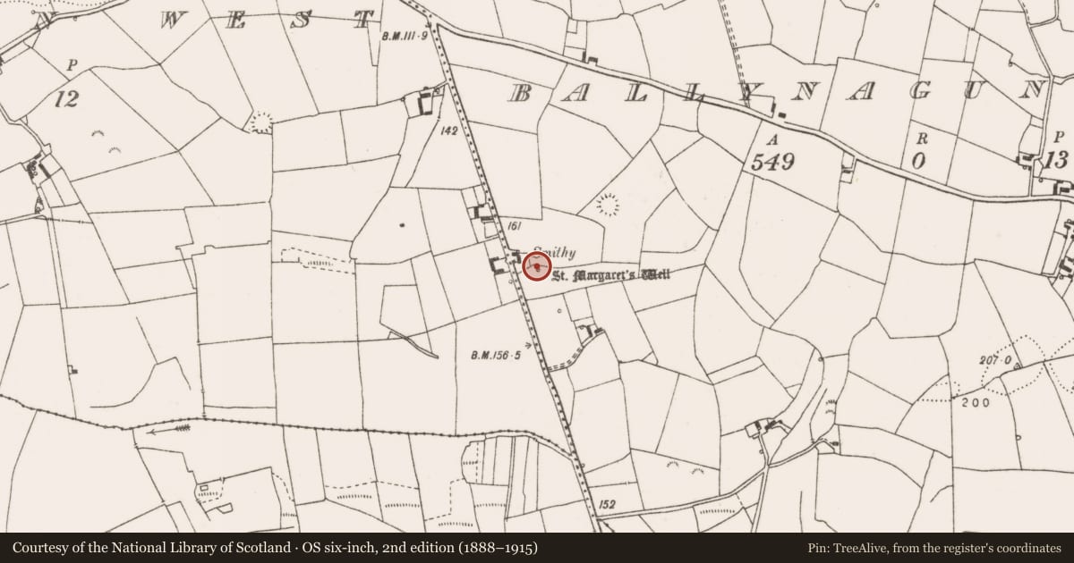 Ordnance Survey six-inch map, 2nd edition (1888–1915) covering the location of Ritual site - holy well, Ballynagun East, County Clare, with a pin at the register's coordinates