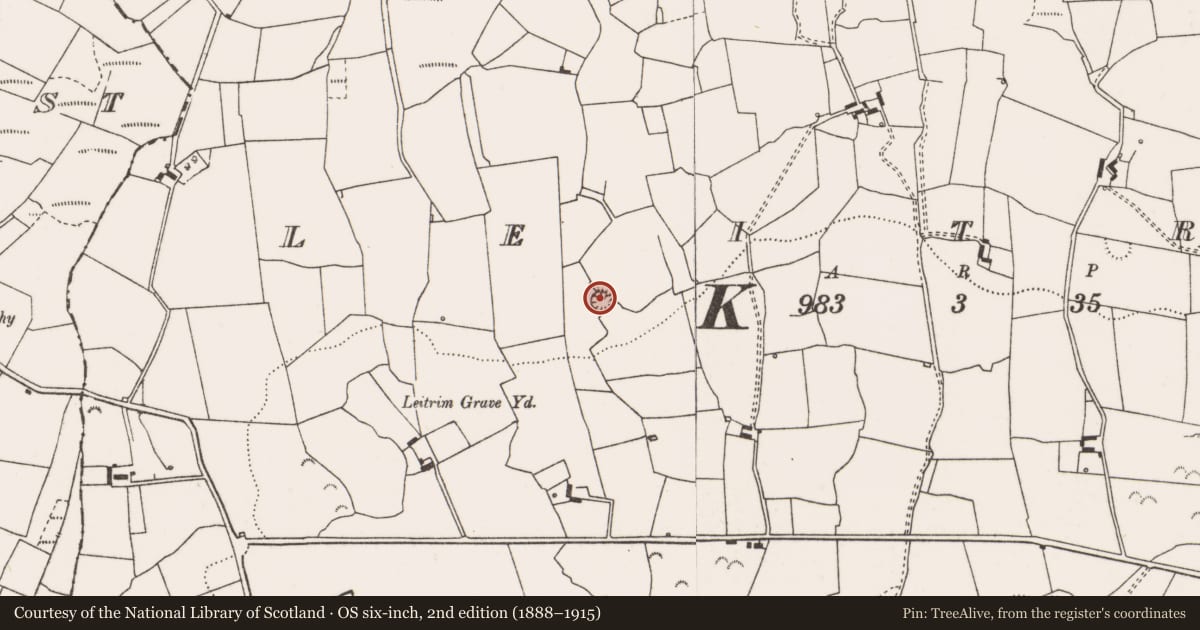 Ordnance Survey six-inch map, 2nd edition (1888–1915) covering the location of Ringfort - rath, Leitrim, County Clare, with a pin at the register's coordinates