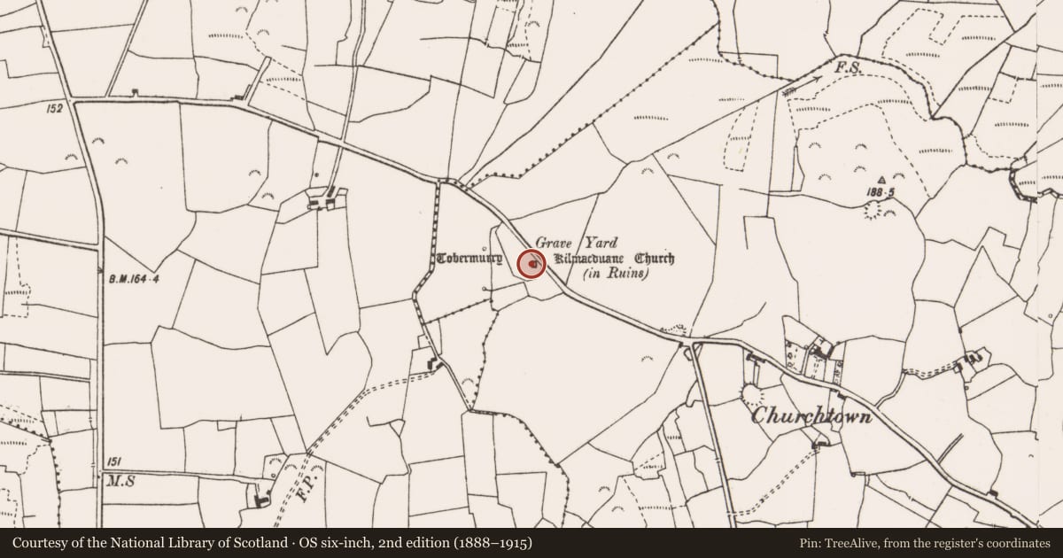 Ordnance Survey six-inch map, 2nd edition (1888–1915) covering the location of Church, Kilmacduane East, County Clare, with a pin at the register's coordinates