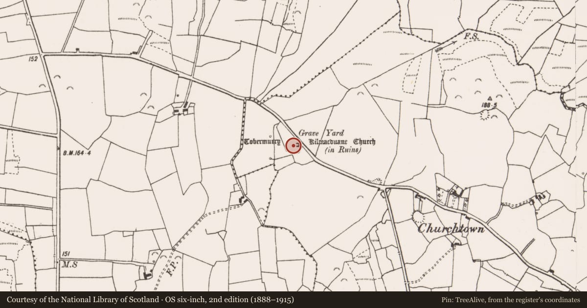 Ordnance Survey six-inch map, 2nd edition (1888–1915) covering the location of Graveyard, Kilmacduane East, County Clare, with a pin at the register's coordinates