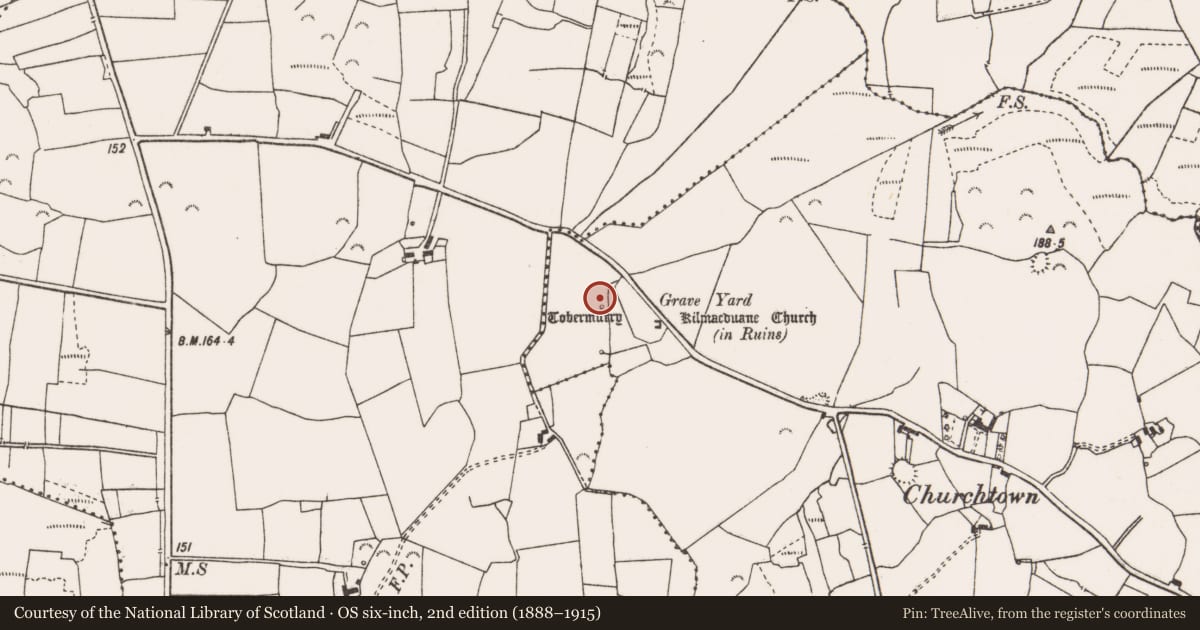 Ordnance Survey six-inch map, 2nd edition (1888–1915) covering the location of Ritual site - holy well, Kilmacduane East, County Clare, with a pin at the register's coordinates