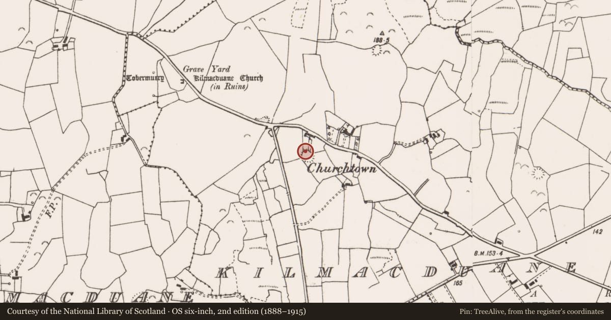 Ordnance Survey six-inch map, 2nd edition (1888–1915) covering the location of Ringfort - rath, Kilmacduane East, County Clare, with a pin at the register's coordinates