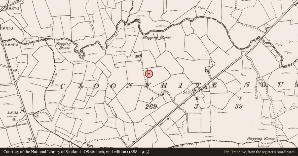 Ordnance Survey six-inch map, 2nd edition (1888–1915) covering the location of Enclosure, Cloonwhite South, County Clare, with a pin at the register's coordinates