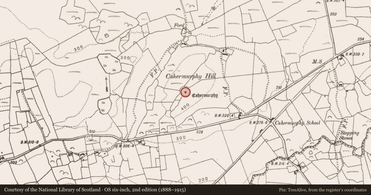 Ordnance Survey six-inch map, 2nd edition (1888–1915) covering the location of Ringfort - cashel, Cahermurphy, County Clare, with a pin at the register's coordinates