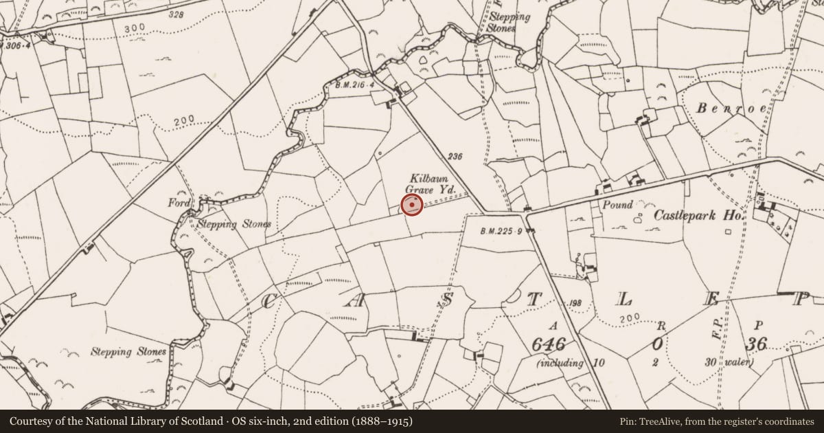 Ordnance Survey six-inch map, 2nd edition (1888–1915) covering the location of Graveyard, Castlepark, County Clare, with a pin at the register's coordinates