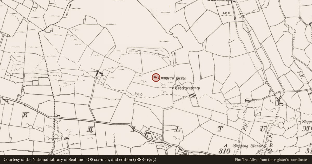 Ordnance Survey six-inch map, 2nd edition (1888–1915) covering the location of Mound, Kiltumper, County Clare, with a pin at the register's coordinates