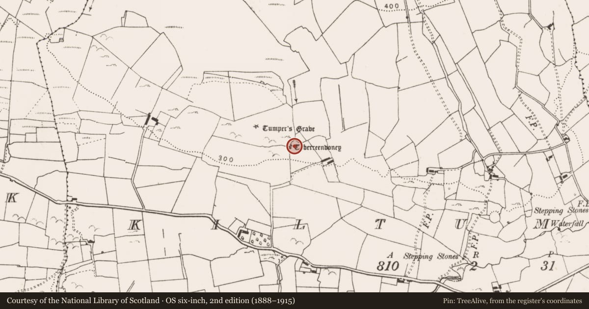 Ordnance Survey six-inch map, 2nd edition (1888–1915) covering the location of Ritual site - holy well, Kiltumper, County Clare, with a pin at the register's coordinates