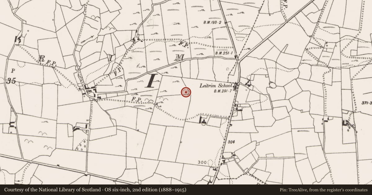 Ordnance Survey six-inch map, 2nd edition (1888–1915) covering the location of Ringfort - rath, Leitrim, County Clare, with a pin at the register's coordinates