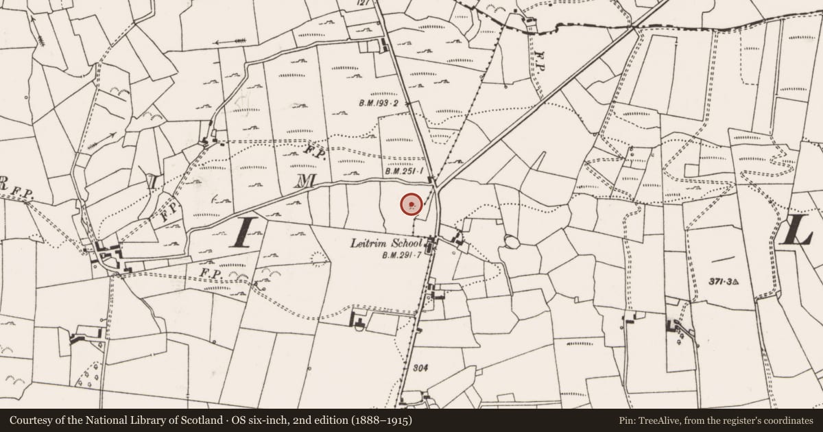 Ordnance Survey six-inch map, 2nd edition (1888–1915) covering the location of Hut site, Leitrim, County Clare, with a pin at the register's coordinates