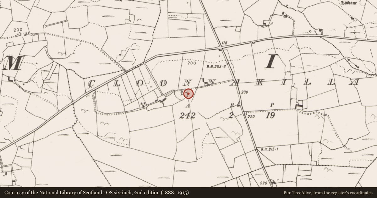 Ordnance Survey six-inch map, 2nd edition (1888–1915) covering the location of Ecclesiastical enclosure, Cloonnakilla, County Clare, with a pin at the register's coordinates
