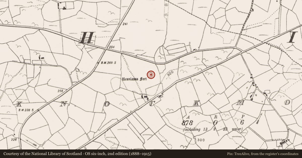 Ordnance Survey six-inch map, 2nd edition (1888–1915) covering the location of Ringfort - rath, Knockmore, County Clare, with a pin at the register's coordinates