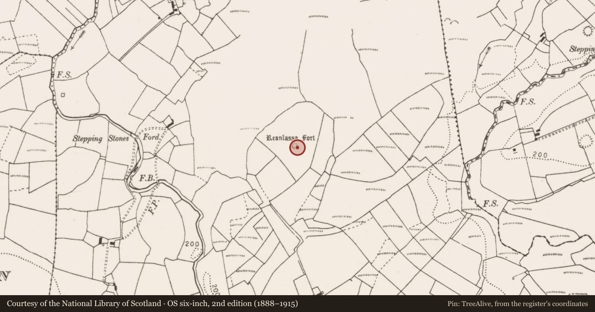 Ordnance Survey six-inch map, 2nd edition (1888–1915) covering the location of Barrow - ring-barrow, Knockalough, County Clare, with a pin at the register's coordinates