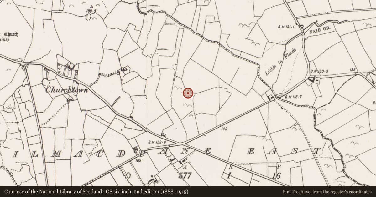 Ordnance Survey six-inch map, 2nd edition (1888–1915) covering the location of Ringfort - rath, Kilmacduane East, County Clare, with a pin at the register's coordinates