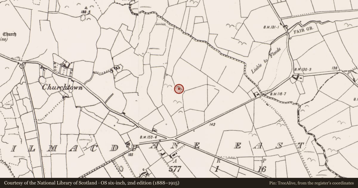 Ordnance Survey six-inch map, 2nd edition (1888–1915) covering the location of Hut site, Kilmacduane East, County Clare, with a pin at the register's coordinates