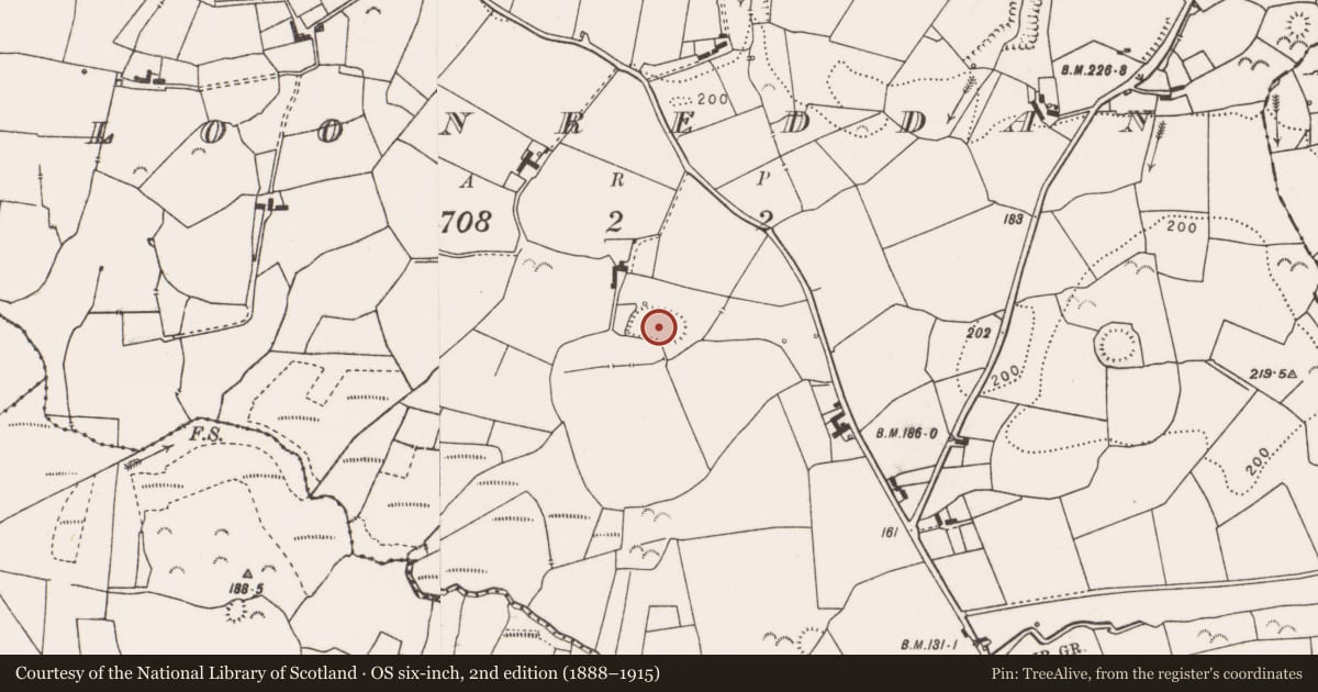 Ordnance Survey six-inch map, 2nd edition (1888–1915) covering the location of Enclosure, Cloonreddan, County Clare, with a pin at the register's coordinates