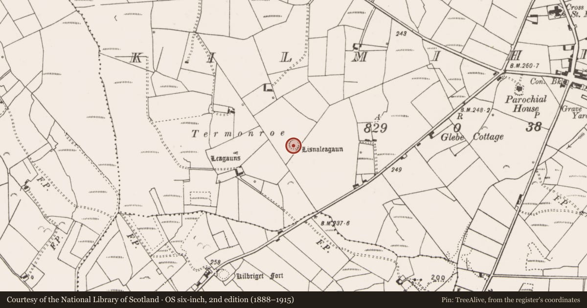 Ordnance Survey six-inch map, 2nd edition (1888–1915) covering the location of Ringfort - rath, Kilmihil, County Clare, with a pin at the register's coordinates