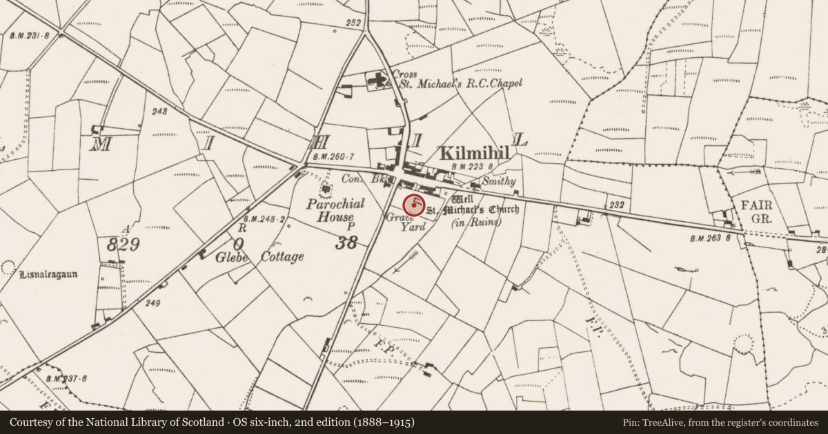 Ordnance Survey six-inch map, 2nd edition (1888–1915) covering the location of Church, Kilmihil, County Clare, with a pin at the register's coordinates