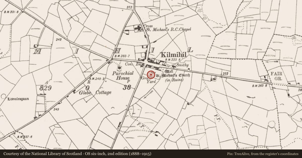 Ordnance Survey six-inch map, 2nd edition (1888–1915) covering the location of Graveyard, Kilmihil, County Clare, with a pin at the register's coordinates