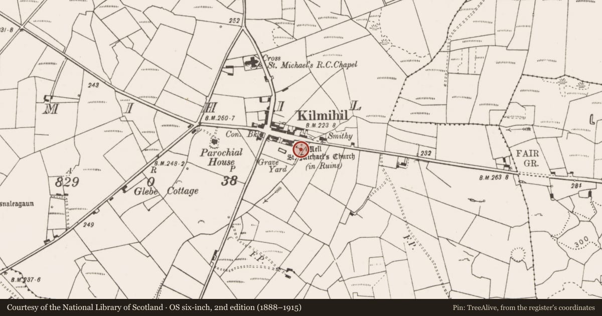 Ordnance Survey six-inch map, 2nd edition (1888–1915) covering the location of Ritual site - holy well, Kilmihil, County Clare, with a pin at the register's coordinates