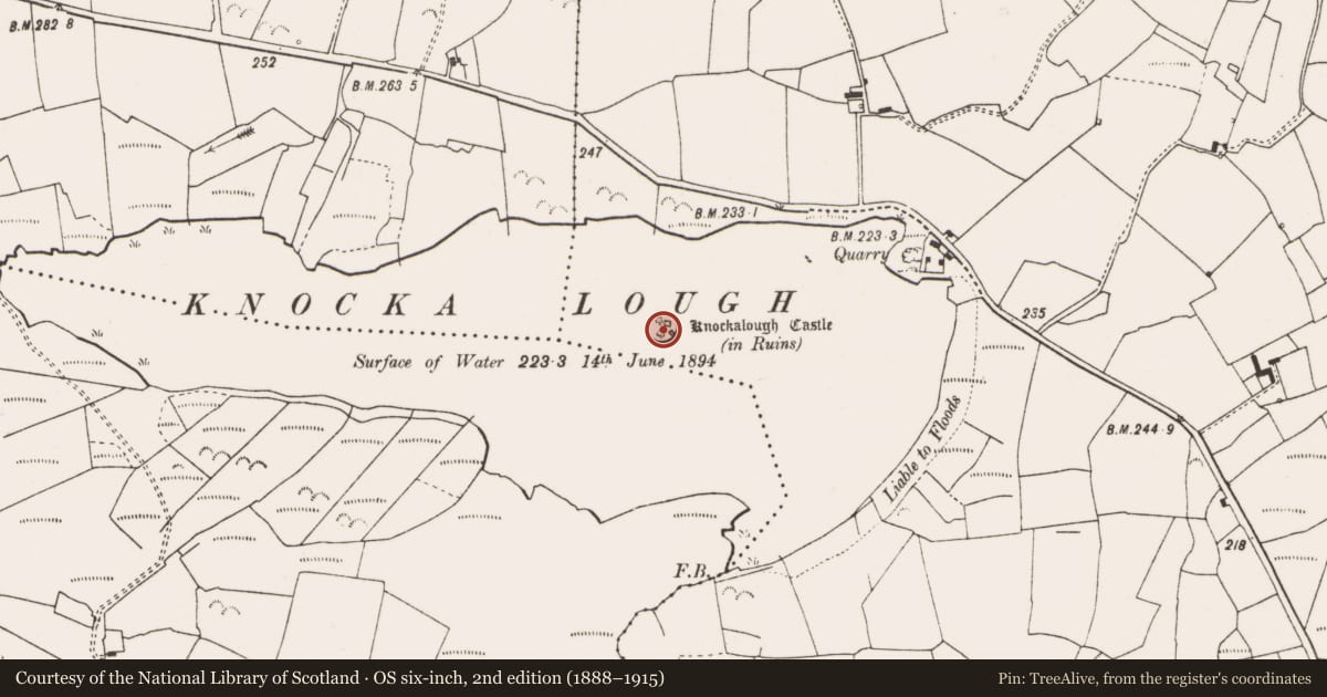 Ordnance Survey six-inch map, 2nd edition (1888–1915) covering the location of Crannog, Knockalough, County Clare, with a pin at the register's coordinates