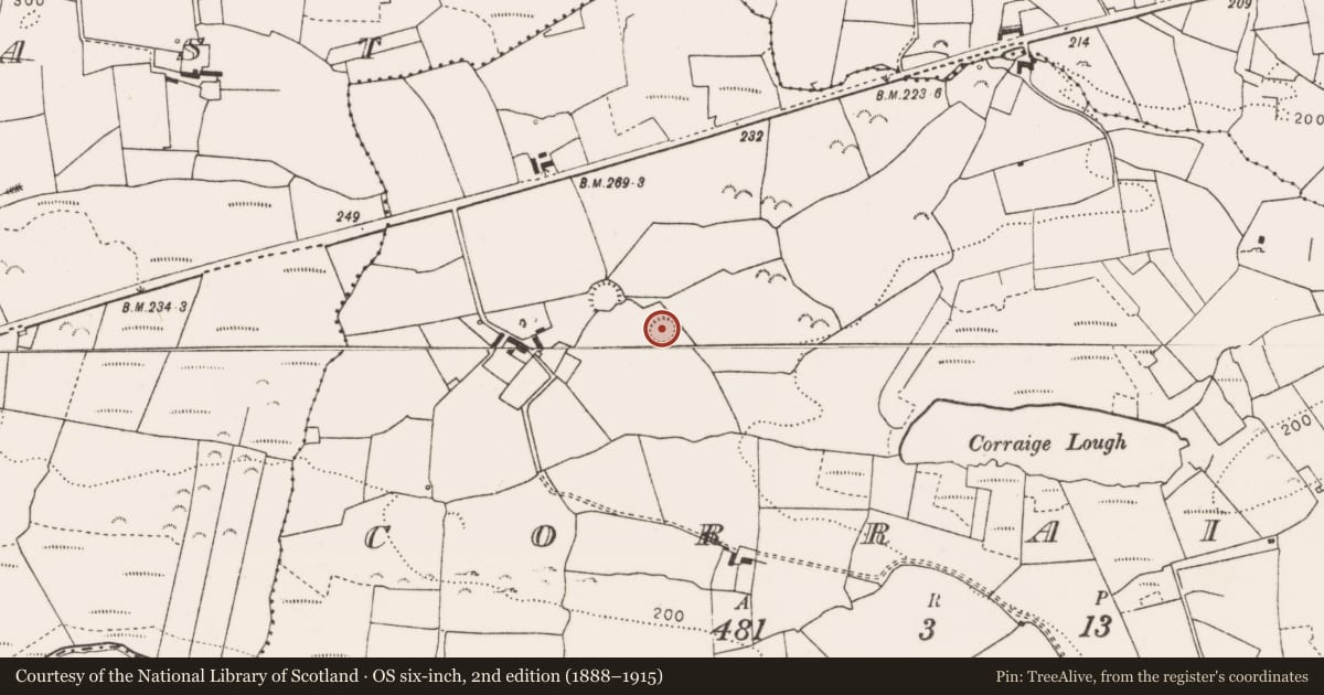 Ordnance Survey six-inch map, 2nd edition (1888–1915) covering the location of Ringfort - rath, Corraige, County Clare, with a pin at the register's coordinates