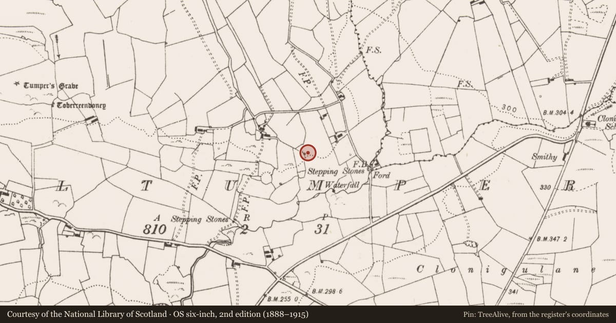 Ordnance Survey six-inch map, 2nd edition (1888–1915) covering the location of Ritual site - holy well, Kiltumper, County Clare, with a pin at the register's coordinates