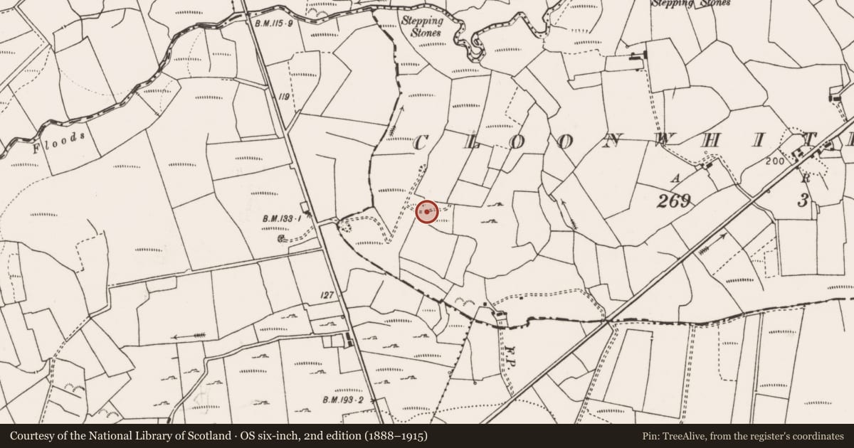 Ordnance Survey six-inch map, 2nd edition (1888–1915) covering the location of Earthwork, Cloonwhite South, County Clare, with a pin at the register's coordinates