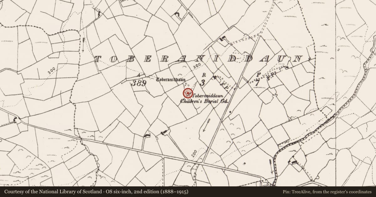 Ordnance Survey six-inch map, 2nd edition (1888–1915) covering the location of Children's burial ground, Toberaniddaun, County Clare, with a pin at the register's coordinates