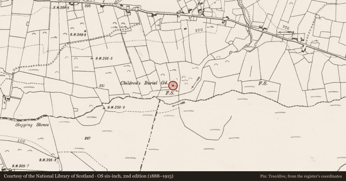 Ordnance Survey six-inch map, 2nd edition (1888–1915) covering the location of Children's burial ground, Furroor, County Clare, with a pin at the register's coordinates