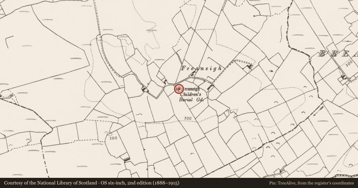 Ordnance Survey six-inch map, 2nd edition (1888–1915) covering the location of Children's burial ground, Gortygeeheen, County Clare, with a pin at the register's coordinates