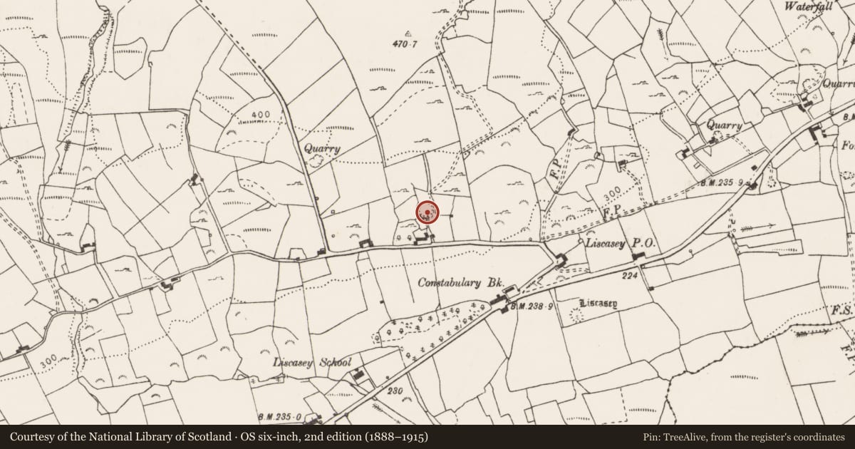 Ordnance Survey six-inch map, 2nd edition (1888–1915) covering the location of Ringfort - rath, Liscasey, County Clare, with a pin at the register's coordinates