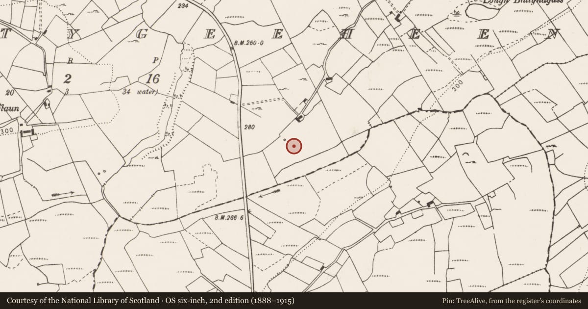 Ordnance Survey six-inch map, 2nd edition (1888–1915) covering the location of Earthwork, Gortygeeheen, County Clare, with a pin at the register's coordinates