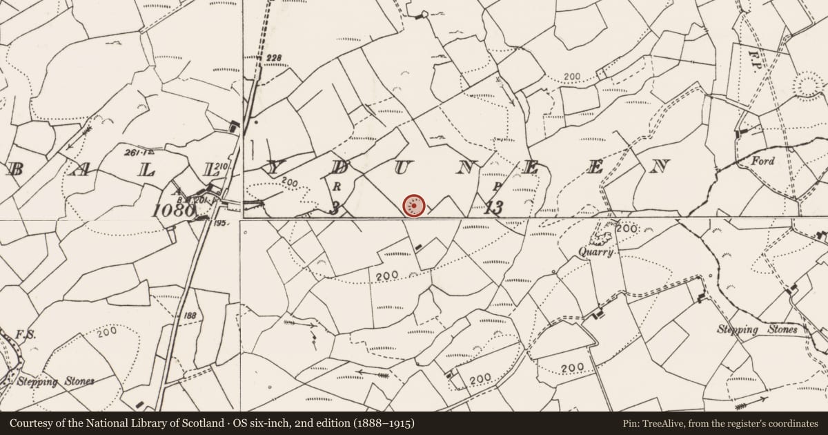 Ordnance Survey six-inch map, 2nd edition (1888–1915) covering the location of Ringfort - rath, Ballyduneen, County Clare, with a pin at the register's coordinates