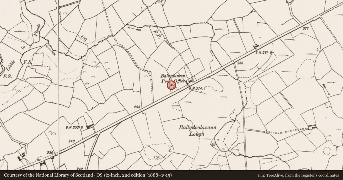 Ordnance Survey six-inch map, 2nd edition (1888–1915) covering the location of Ringfort - rath, Ballyduneen, County Clare, with a pin at the register's coordinates