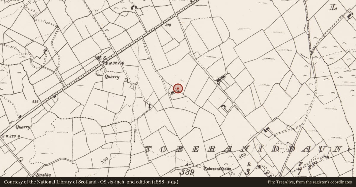 Ordnance Survey six-inch map, 2nd edition (1888–1915) covering the location of Ringfort - rath, Toberaniddaun, County Clare, with a pin at the register's coordinates