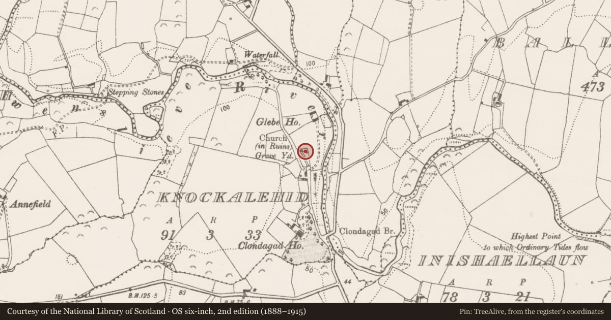 Ordnance Survey six-inch map, 2nd edition (1888–1915) covering the location of Church, Knockalehid, County Clare, with a pin at the register's coordinates