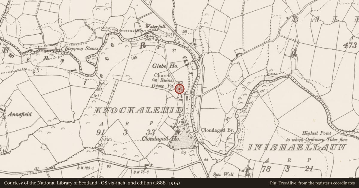 Ordnance Survey six-inch map, 2nd edition (1888–1915) covering the location of Graveslab, Knockalehid, County Clare, with a pin at the register's coordinates